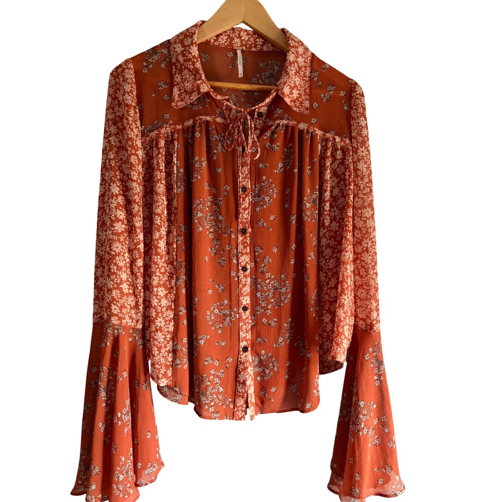 Free People Rust Orange Floral Bell Sleeve Button Down Blouse Boho Top Medium